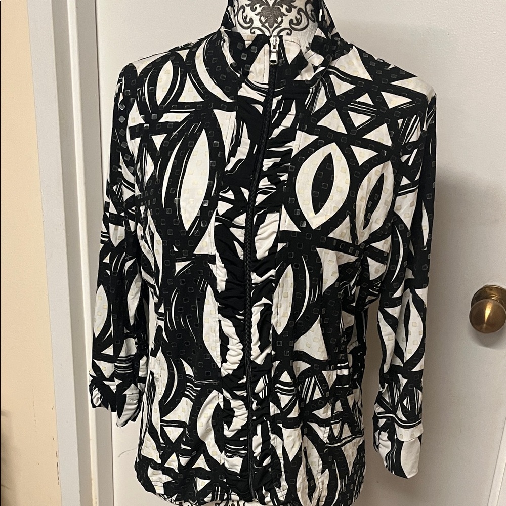 erin london Black and White Geometric Zip-Up Jacket